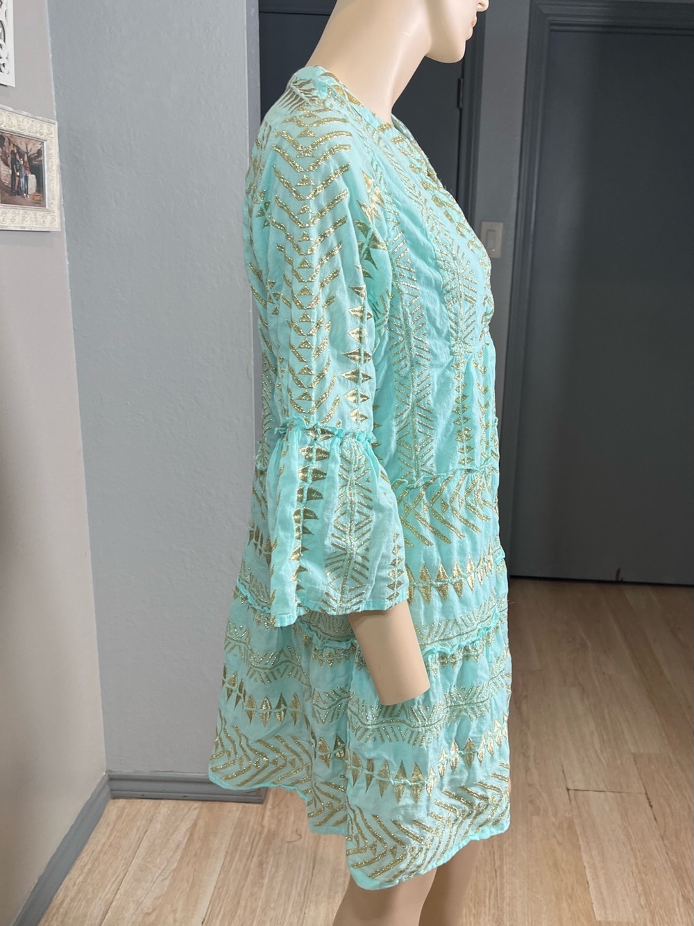 Boston Proper Light Aqua dress with Gold Metallic Embellishment - Picture 3 of 14
